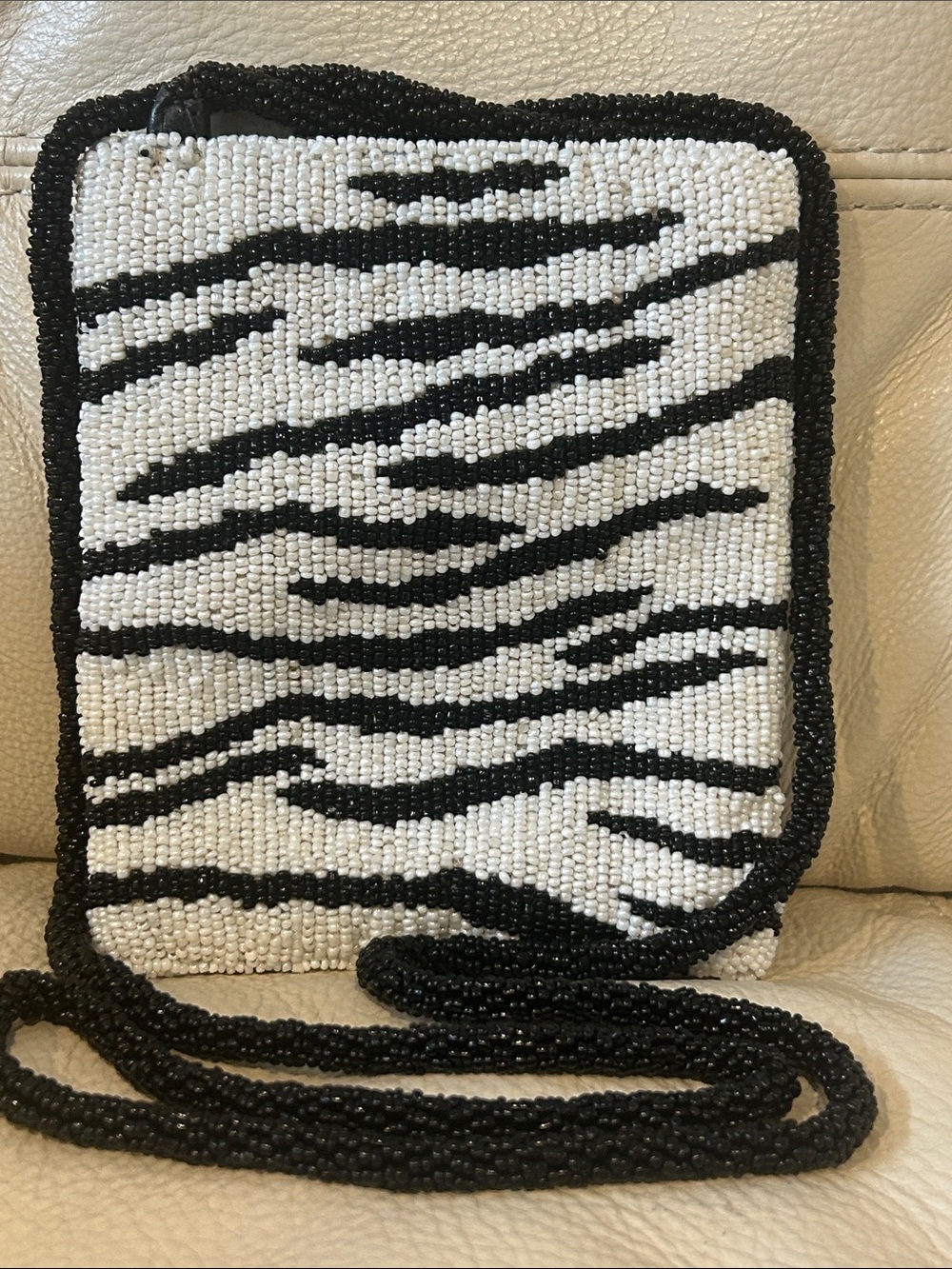 Furla Luxury Black & White Zebra-Pattern Beaded Mini Crossbody Bag